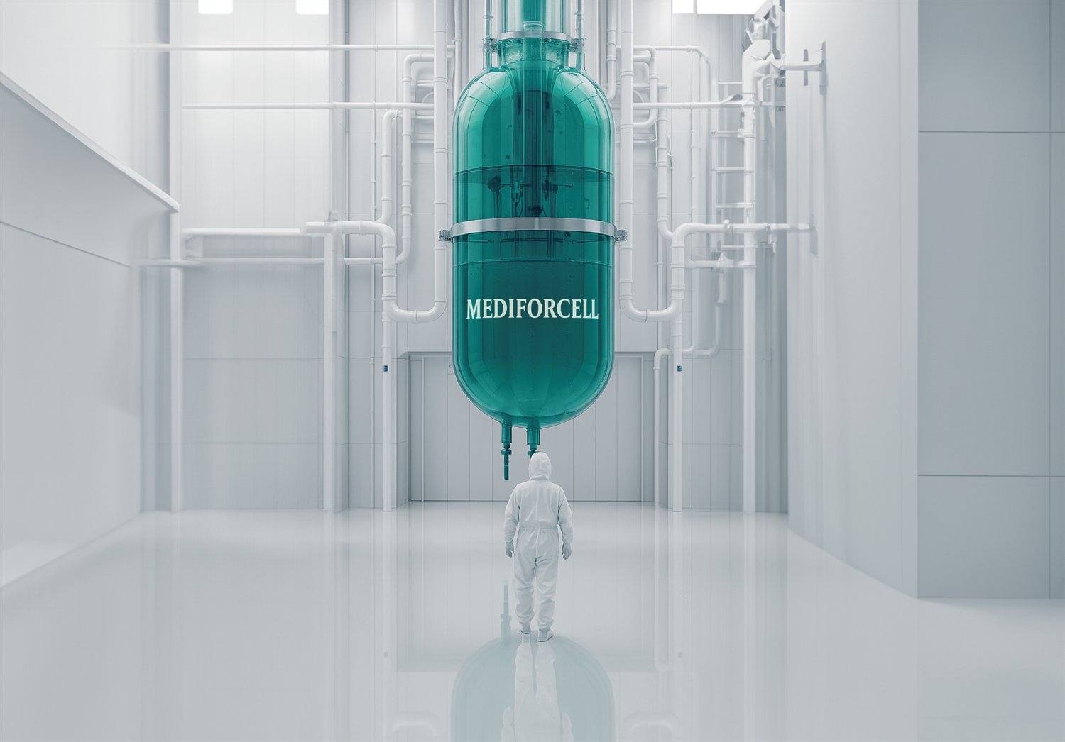 Reaktor bioproses raksasa bertuliskan Mediforcell di fasilitas produksi cleanroom